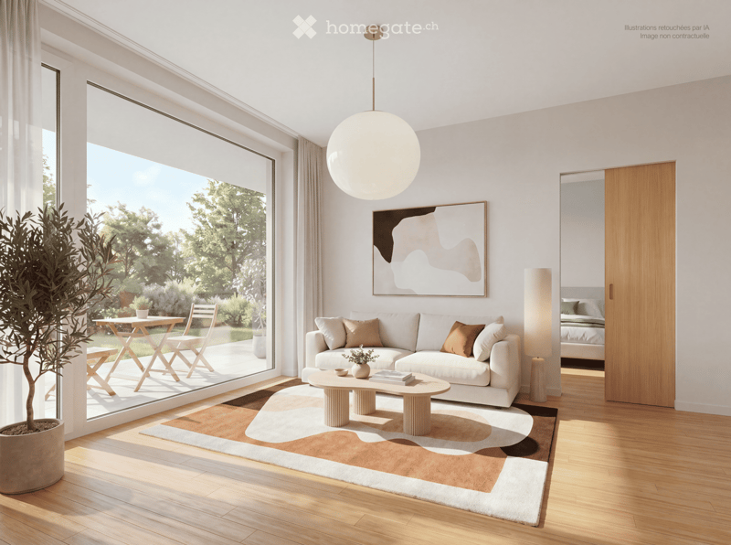 Modern living room with a white sofa, coffee table, large window, and a view of a garden. Includes a potted plant, artwork, and a mirror leading to a bedroom.