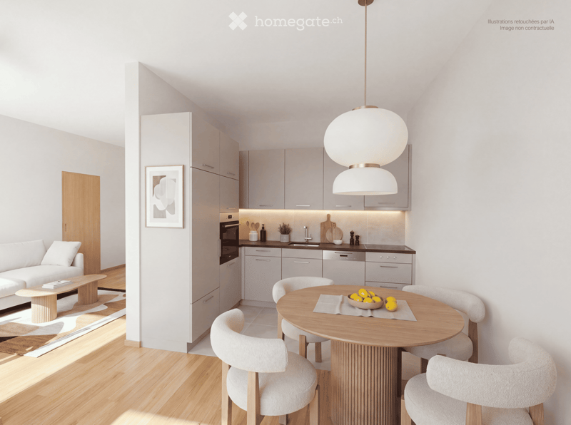 Modern open-plan living and dining area with a white sofa, wooden coffee table, round dining table with chairs, grey cabinets, and integrated kitchen appliances.