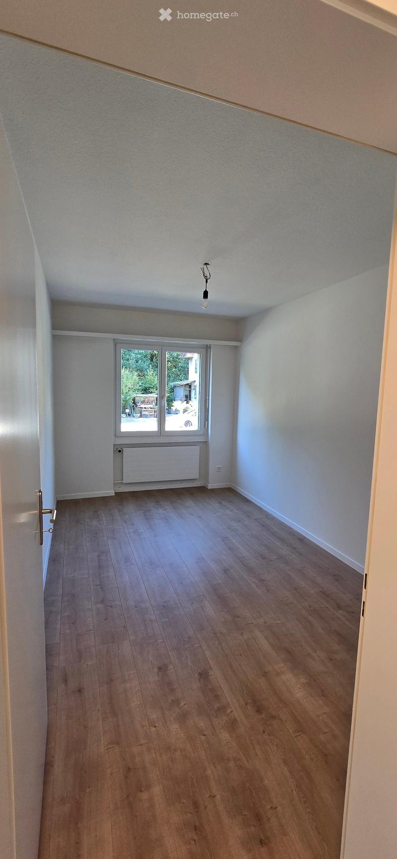 Empty room with wooden flooring, white walls, and a large window with a view of the outside. The room has a simple ceiling light fixture and a radiator below the window.