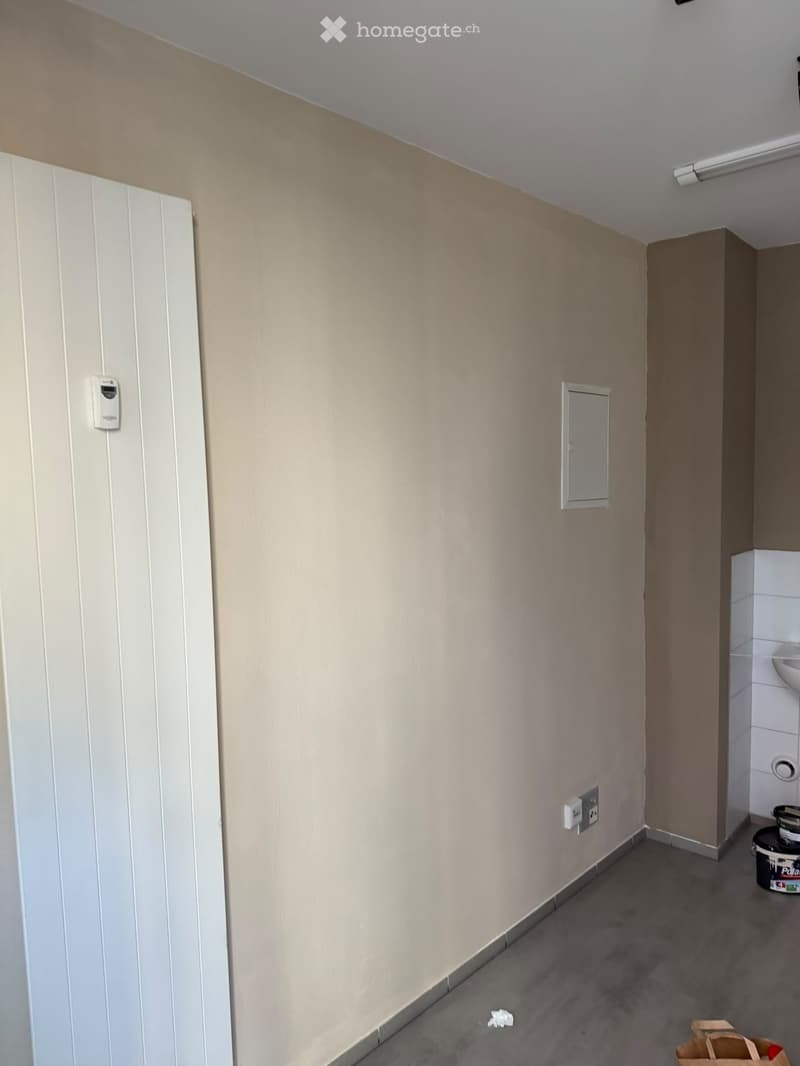 Empty hallway with beige walls, grey carpeted floor, white radiator, electrical outlet, and a small section of a white-tiled bathroom visible at the end.
