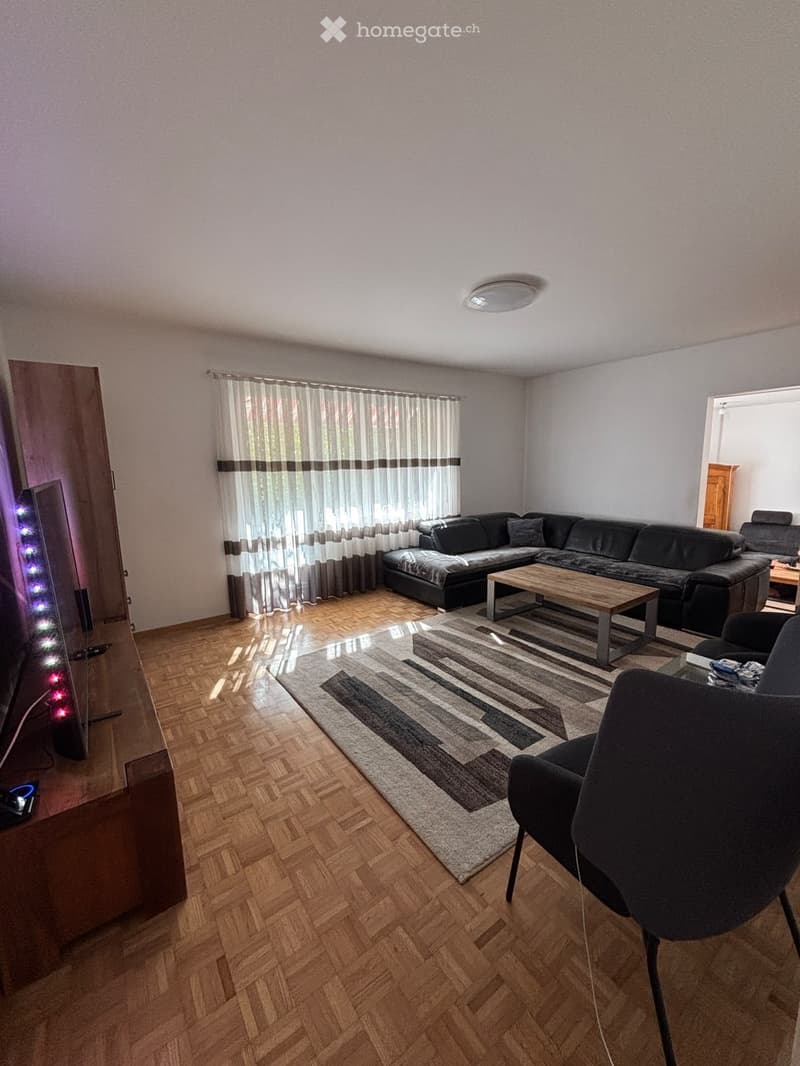 Modern living room with wooden flooring, a sectional sofa, coffee table, armchair, television, and a patterned rug.