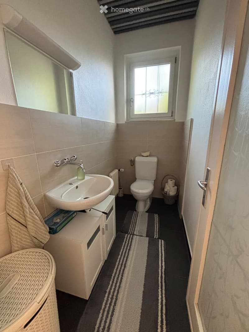 Cozy bathroom with a sink, toilet, mirror, and a wicker chair near the door. The room features a window with decorative glass and a striped rug on the floor.