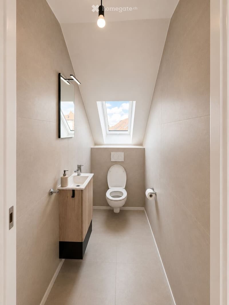 Modern bathroom with a skylight window, sleek sink, toilet, and mirror. Light-colored tiles and wooden vanity.
