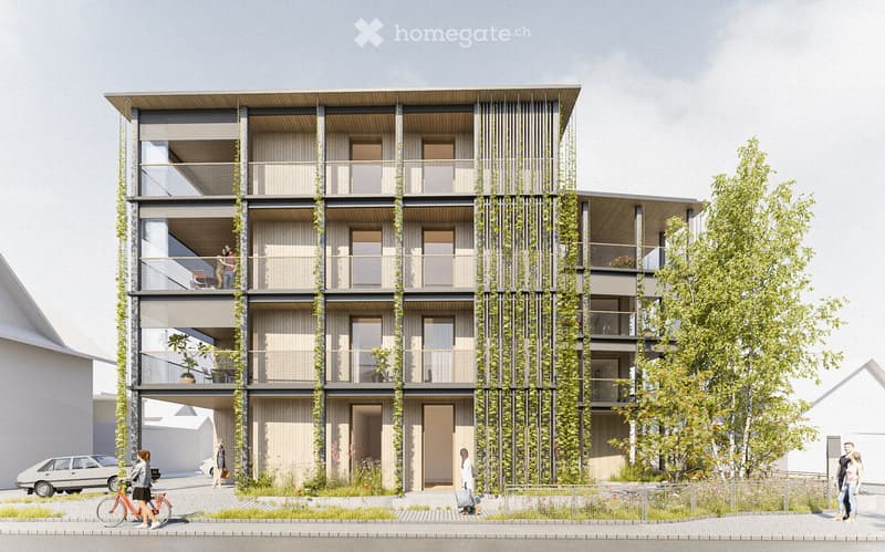 Modern multi-story residential building with balconies, greenery, and contemporary design. The building features a sleek, minimalist facade with large windows and a raised ground floor.
