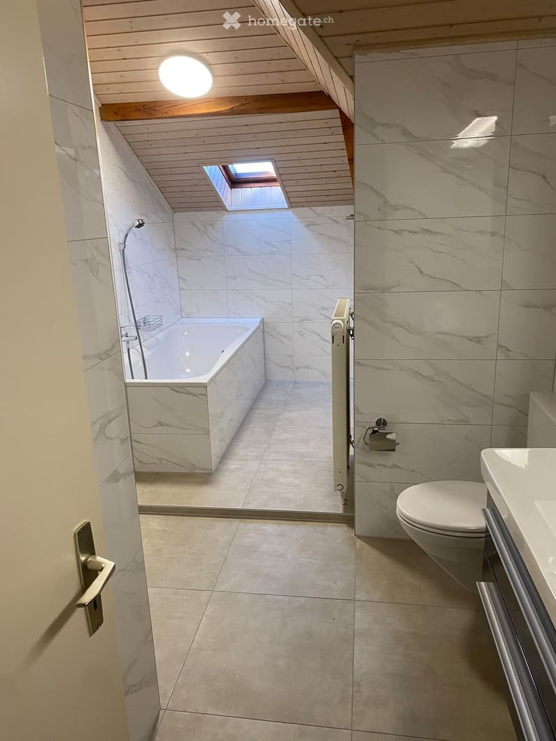 Modern bathroom with marble tiles, a bathtub, toilet, and a skylight above the bathtub area.