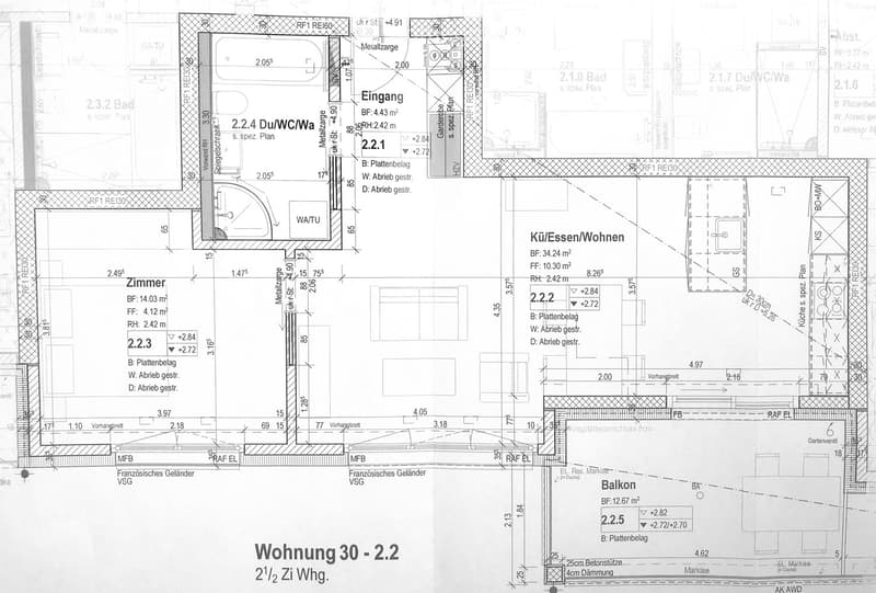 Floor plan of a 2.5-room apartment with living/dining/bedroom area, kitchen, two bathrooms, and a balcony.