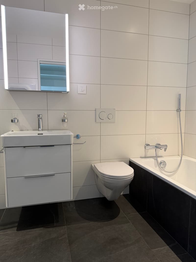 Modern bathroom with white tiles, a white sink with a built-in cabinet, a toilet, a bathtub with a handheld shower, and a mirrored cabinet with built-in lighting.