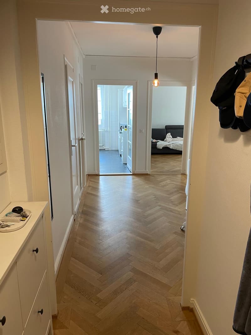 A well-lit hallway with herringbone wooden flooring, leading to a bedroom and a kitchen area. Visible items include a coat rack with jackets, a small sink with toiletries, and a hanging light fixture.