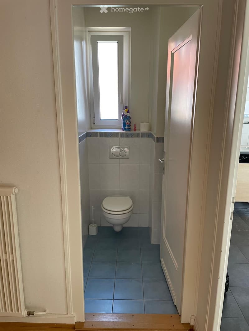 Small bathroom with a toilet, tiled walls, a window, and a cleaning bottle on the windowsill.
