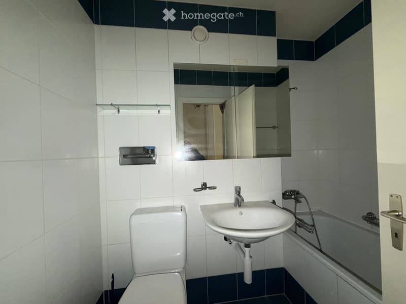 A small bathroom with white tiled walls and dark blue tiles on the floor. It features a toilet, a sink with a faucet, a bathtub, a mirror, and a towel rack.