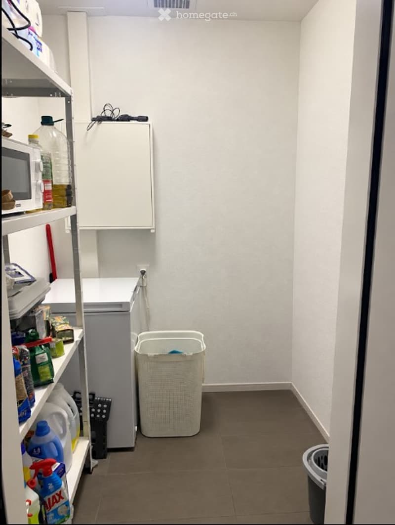 Small bathroom with a washing machine, shelf with cleaning supplies, and a laundry basket on the floor.