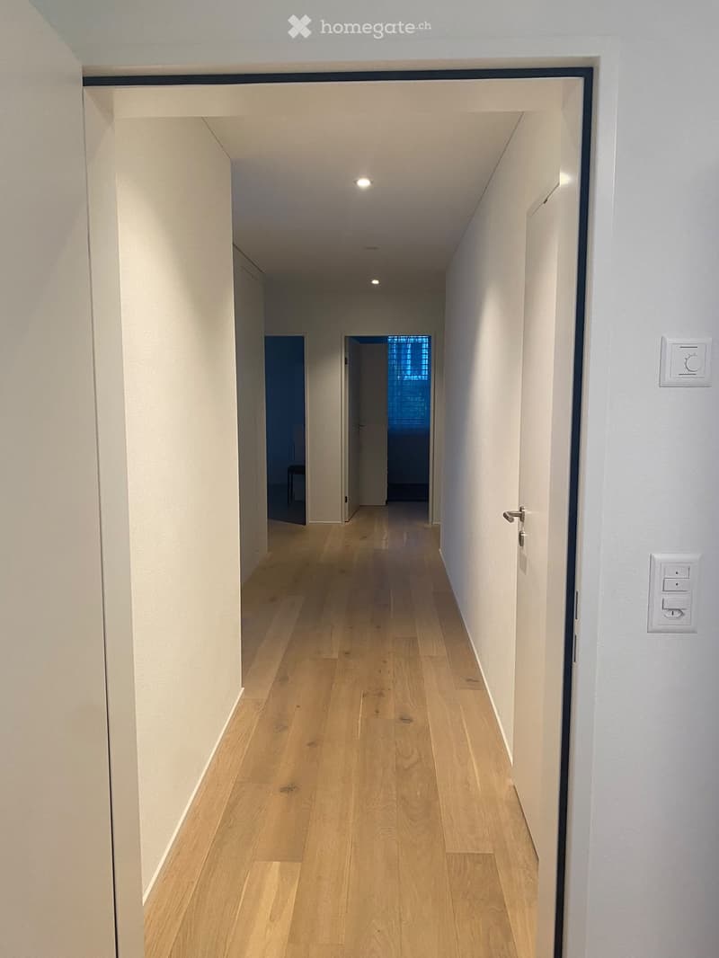 A clean, modern hallway with light wooden flooring, white walls, and recessed lighting. Doors are visible on both sides, leading to other rooms.