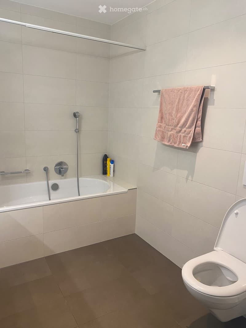 Modern bathroom with a bathtub, toilet, towel on a rack, and a shower hose attached to the wall.