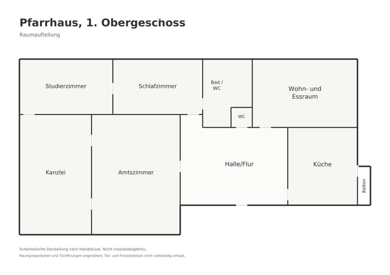 Floor plan of Pfarrhaus, 1st upper floor, showing rooms including study room, bedroom, bathroom/WC, living and dining room, hallway, kitchen, office, and balcony.