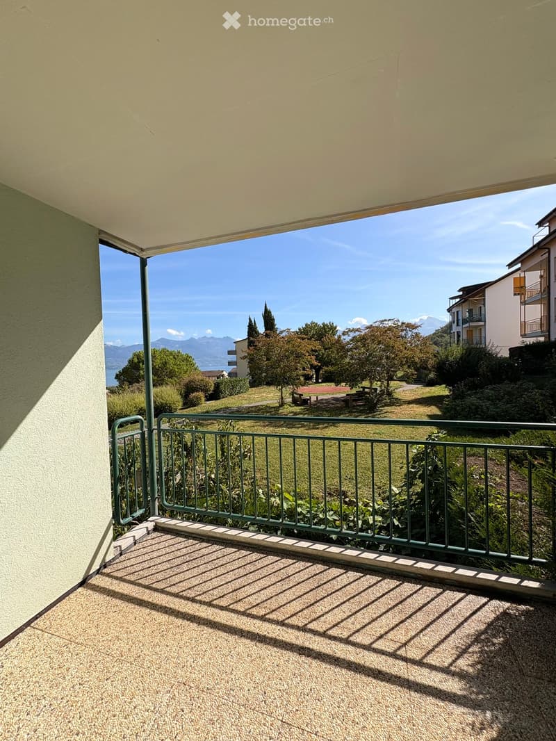 Balcony with a green metal railing, overlooking a scenic view of a park, trees, and distant mountains under a clear blue sky.