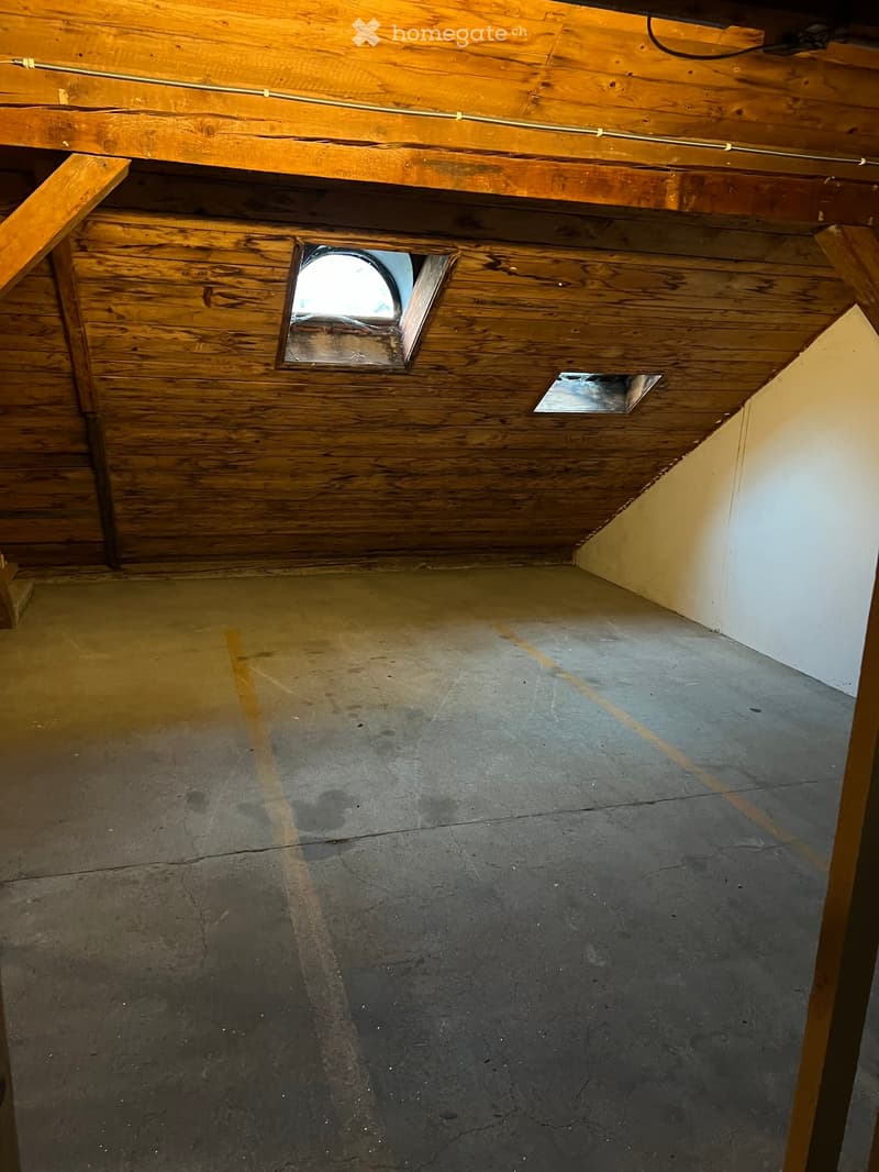 Empty attic space with wooden slat walls and ceiling, concrete floor, and small skylight window.