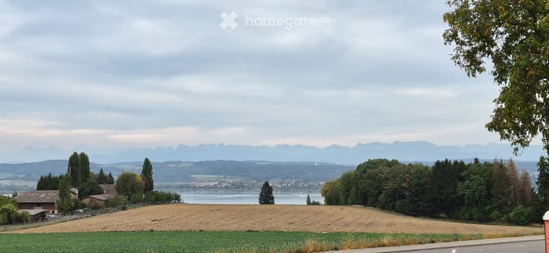 Scenic view of a rural landscape with fields, trees, a body of water, and distant mountains under a cloudy sky.