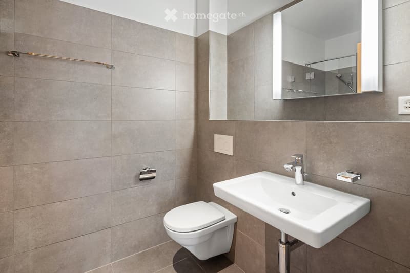 Modern bathroom with grey tiled walls, a white toilet, a white sink with a chrome faucet, a large mirror, and a towel rack.