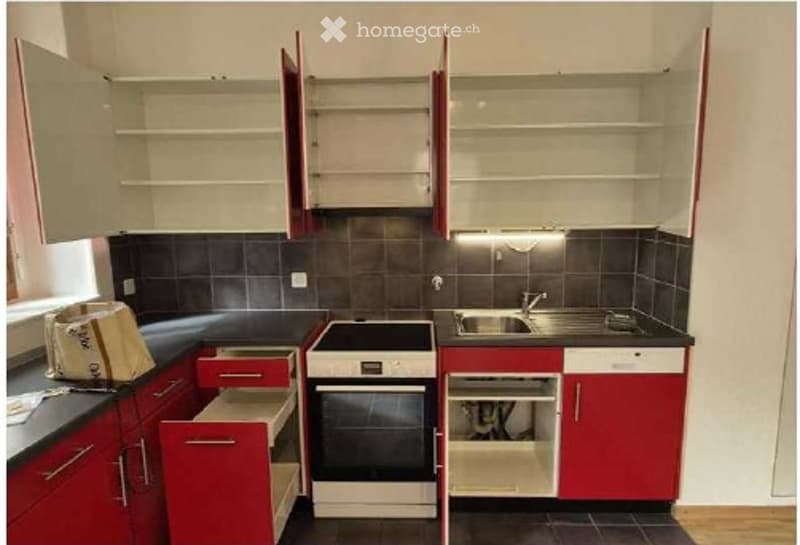 Modern kitchen with red and white cabinets, black tiled walls, and a stainless steel sink.