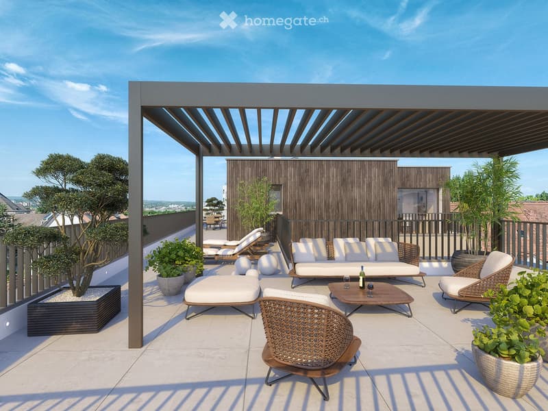 Modern rooftop terrace with a pergola, white outdoor furniture including a sofa, chairs, and a coffee table, surrounded by potted plants and a scenic city view.