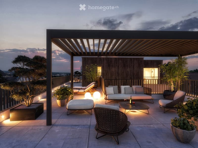 Modern rooftop terrace with a pergola, lounge seating, coffee table, and potted plants.
