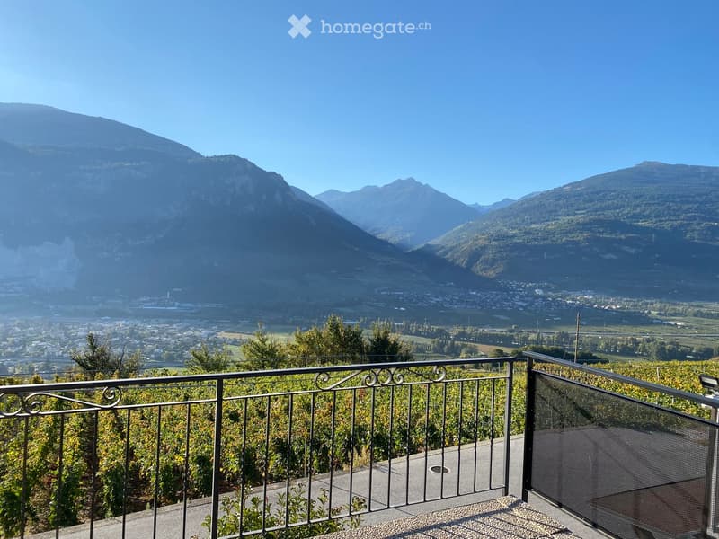 Balcony with metal railing overlooking a scenic valley and distant mountains.