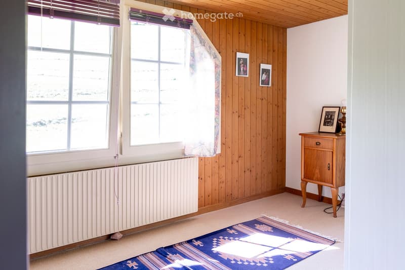 Empty room with wooden walls, carpeted floor, radiator, window with blinds, small wooden cabinet with a lamp, and a decorative rug.