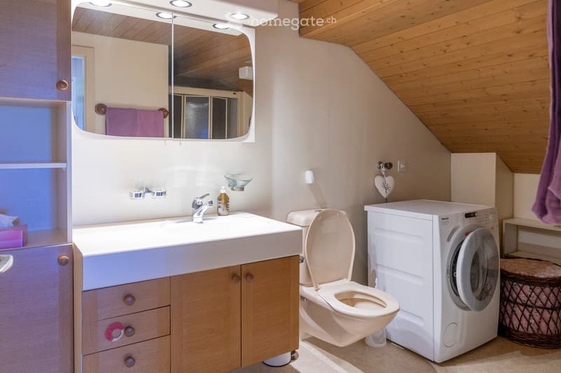 Modern bathroom with a white sink, chrome faucet, toilet, washing machine, and a large mirror above the sink. Wooden cabinets and a purple towel are visible.