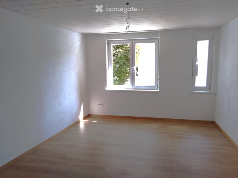 Empty room with light-colored walls, wooden flooring, and large windows allowing natural light to enter.