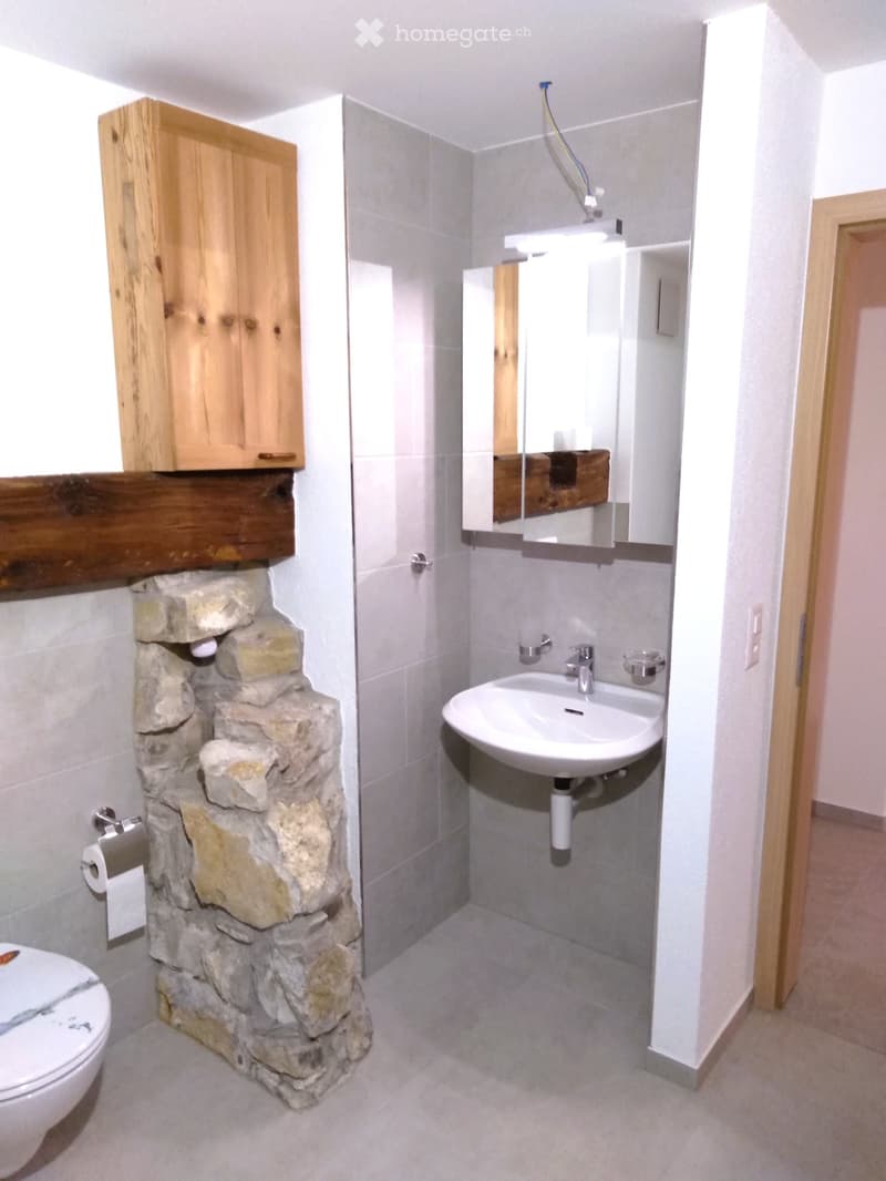 Modern bathroom with a stone accent wall, white toilet, sink with mirror, and wooden cabinet.