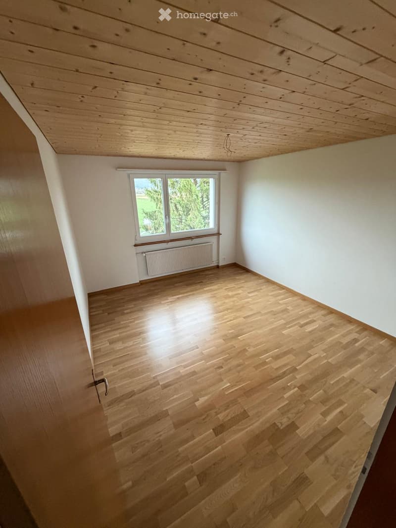 Empty room with wooden flooring, white walls, and a window with a radiator below it. The ceiling is made of wooden planks.
