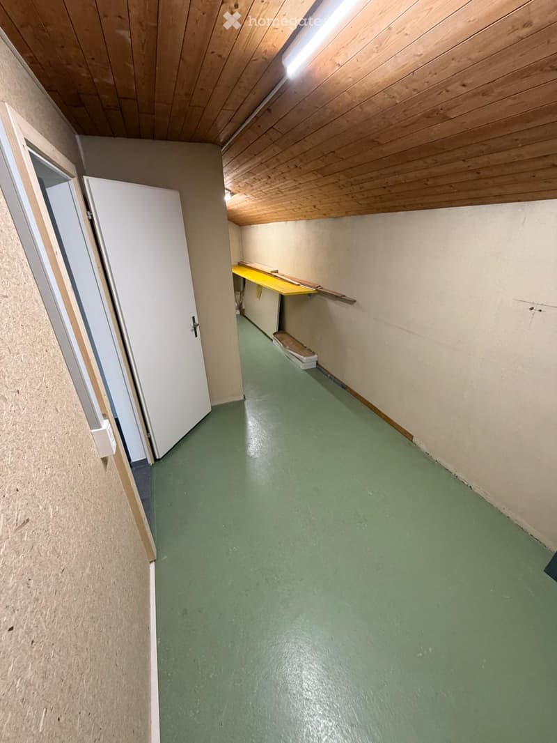 A narrow hallway with green flooring, beige walls, and a wooden ceiling. A white door is visible on the left, and a small shelf with tools is mounted on the wall ahead.
