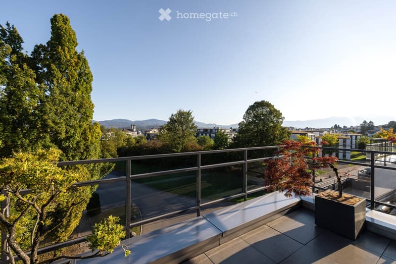 Modern balcony with a metal railing, potted plants, and a scenic view of trees and cityscape.