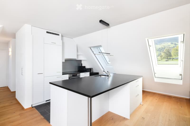 Modern kitchen with white cabinets, black countertop, stainless steel sink, and appliances. Features large windows and a skylight.