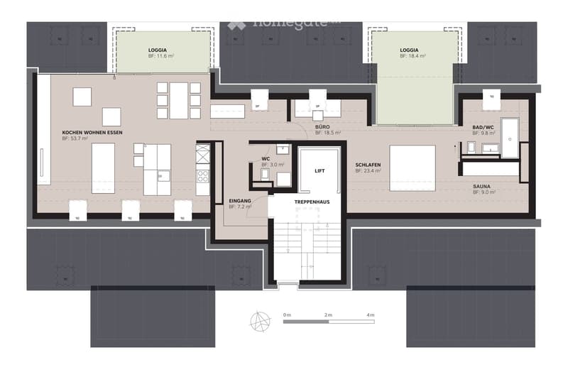 Floor plan of a modern apartment featuring a kitchen, living, dining, bedroom, bathroom, sauna, and two loggias.