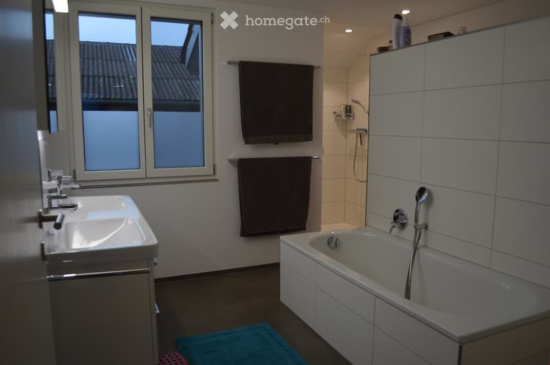 Modern bathroom with a white sink, bathtub, and large window overlooking the roof. Features include a towel rack, a mirror, and a showerhead.