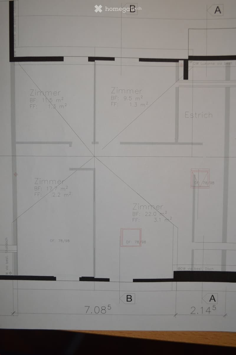 Floor plan showing four rooms labeled "Zimmer" with dimensions in square meters, including base floor (BF) and floor floor (FF) areas.