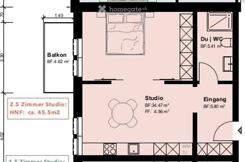 Floor plan of a 2.5-room studio apartment with a balcony, entrance, and separate studio area. Includes dimensions and room labels.