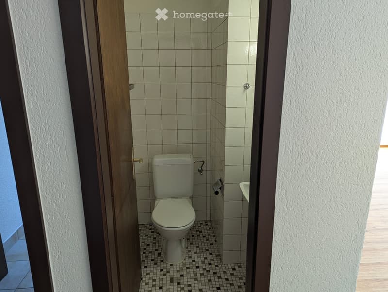 Modern bathroom with a toilet, sink, tiled walls, and a wooden door frame.