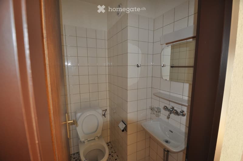 Small bathroom with tiled walls and floor, featuring a toilet, sink with faucet, mirror, and a small shelf above the sink.
