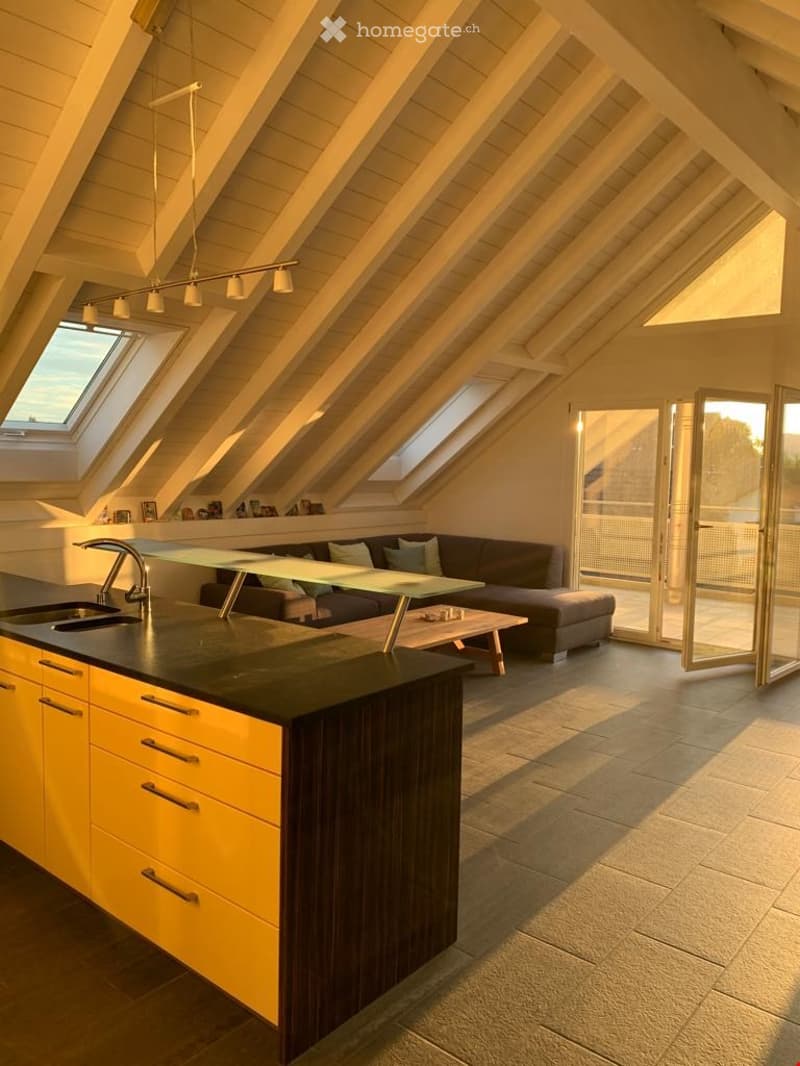 Open-plan attic space with exposed wooden beams, skylights, a modern kitchen island, a sofa, and a coffee table, leading to a balcony.