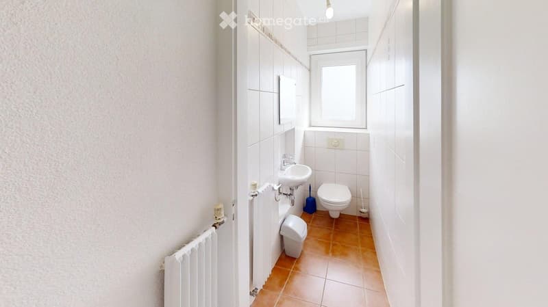 Small bathroom with white tiles, a sink, toilet, mirror, radiator, and cleaning supplies.