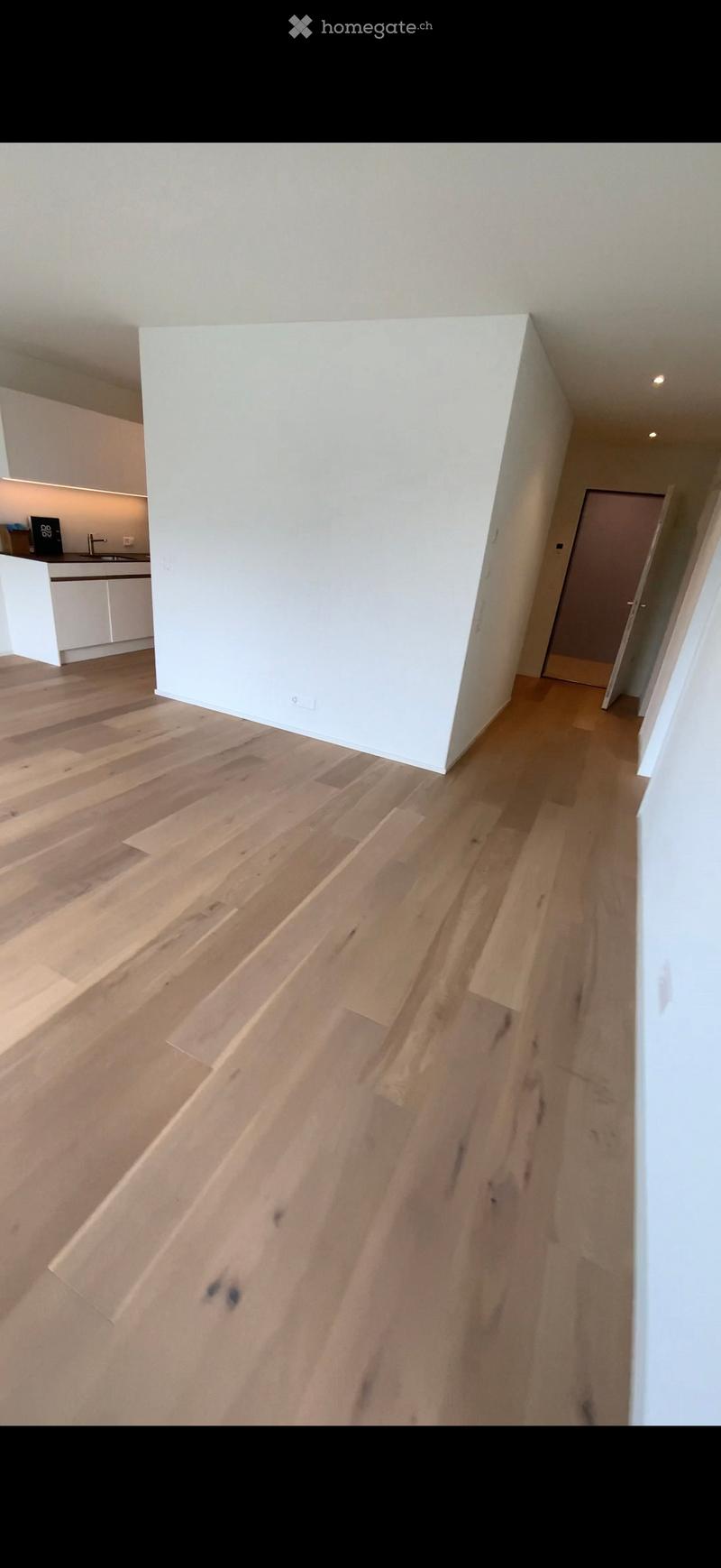 Empty hallway with light wooden flooring and white walls, leading to a kitchen area with white cabinets and a sink.