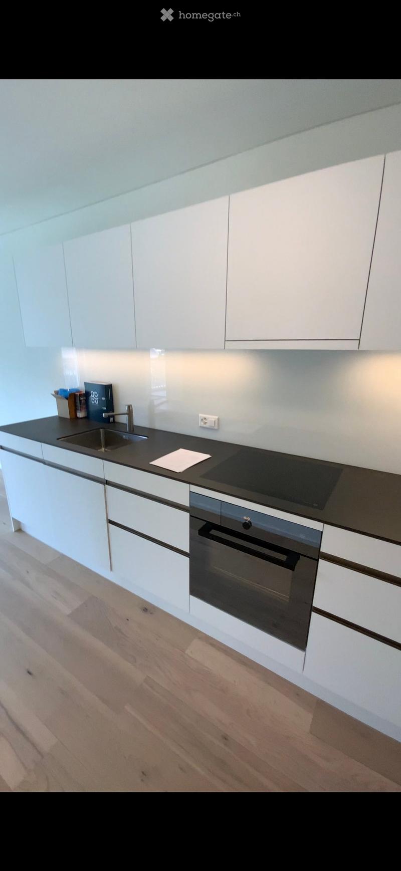 Modern kitchen with white cabinets, black countertop, stainless steel sink, and built-in oven.