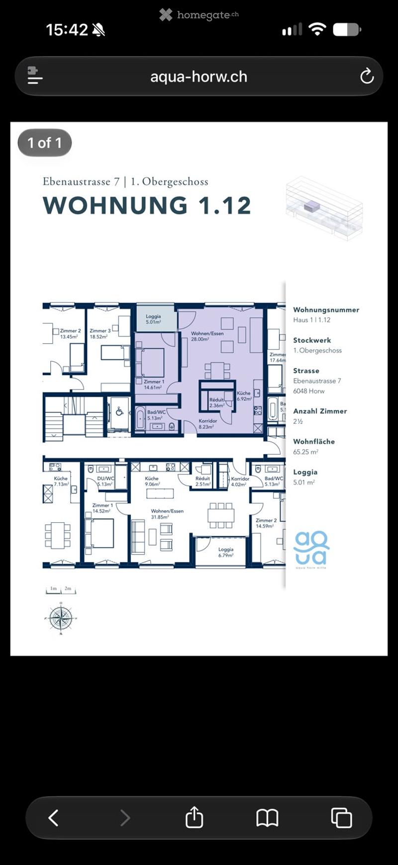 Floor plan of apartment 1.12 on the first floor, showing two bedrooms, living/dining area, kitchen, bathroom, hallway, and loggia.