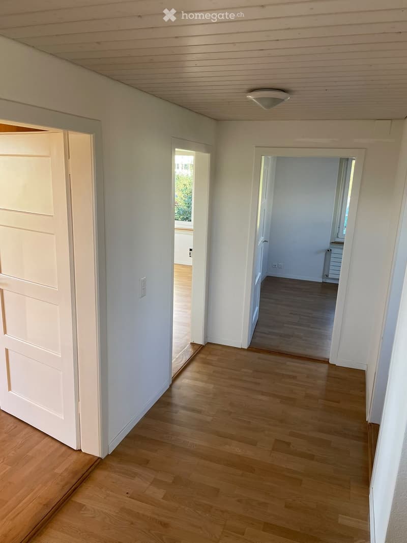Empty hallway with wooden flooring, white walls, and multiple doors leading to other rooms.