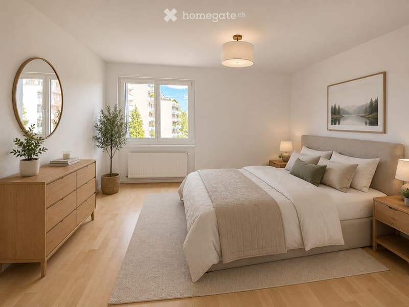 Modern bedroom with a large bed, nightstands, a dresser, a mirror, a picture frame, and potted plants. The room features wooden flooring and large windows with a view of the city.