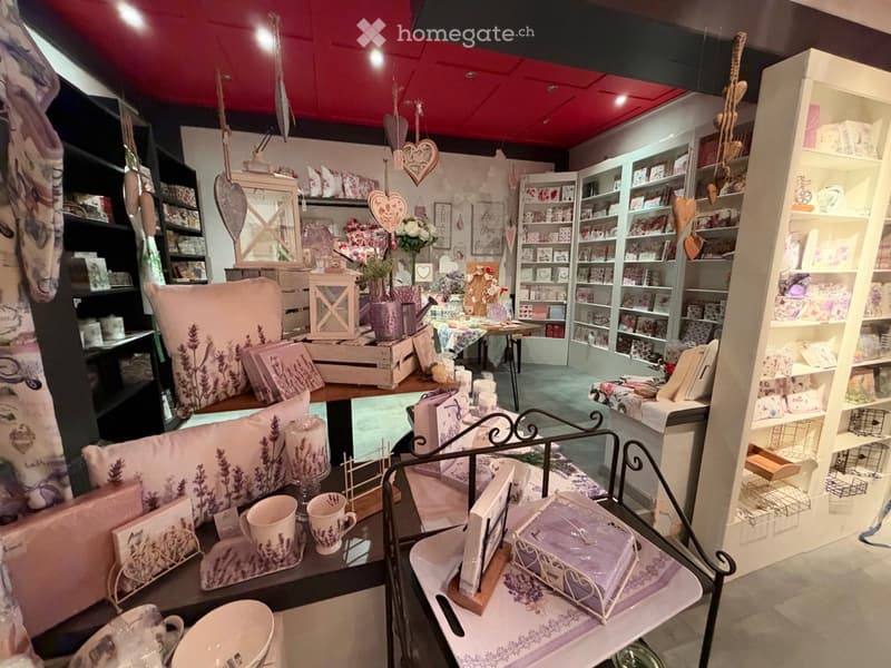 Interior of a home decor store with shelves, tables, and various decorative items including pillows, cups, vases, and picture frames.