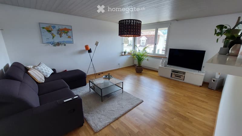 Modern living room with wooden flooring, grey sectional sofa, coffee table, floor lamp, television, and decorative plant. Features large windows with a view of the street.