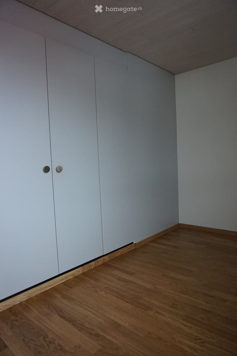 Empty room with light grey walls and wooden flooring, featuring a set of white built-in cabinets on one side.